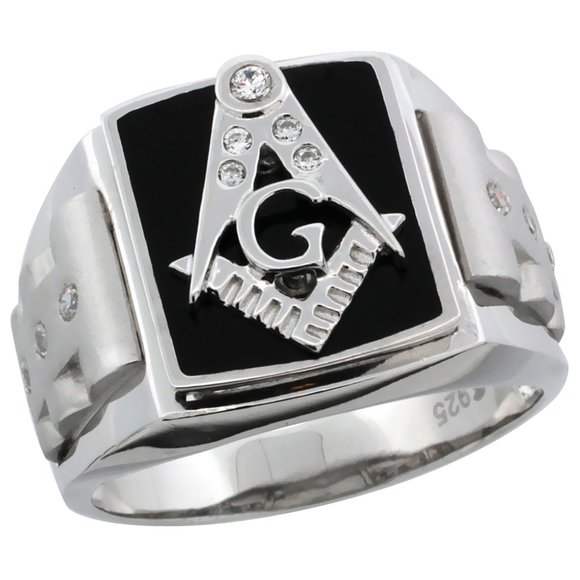 Other - Mens Sterling Silver Black Enamel Masonic Ring CZ Stones & Frosted Sides, 5/8 in